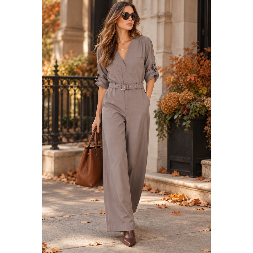 NWT Club Monaco Gray Utility Jumpsuit Belted Wide Leg Roll Sleeve (MSRP: $269) 4